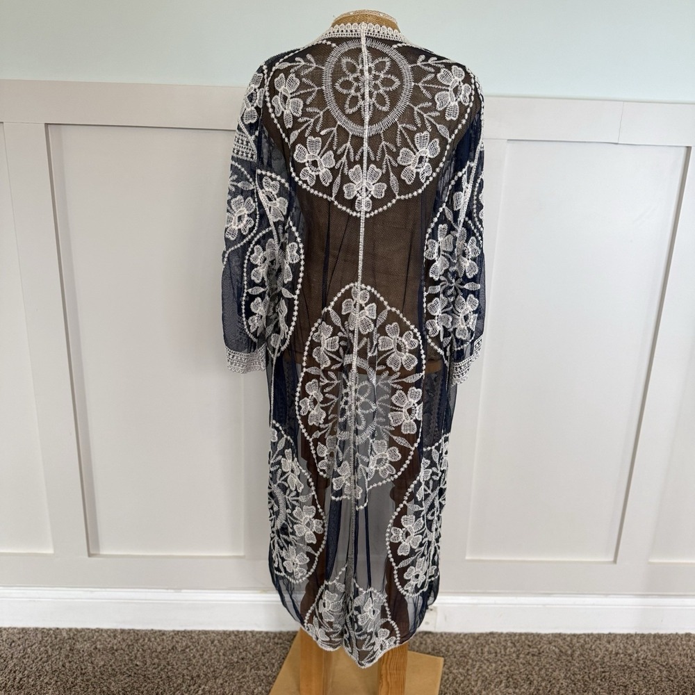 Embroidered Medallion‎ Mesh Long Kimono ONE SIZE Navy Blue Boho Beach Coverup - Picture 4 of 6